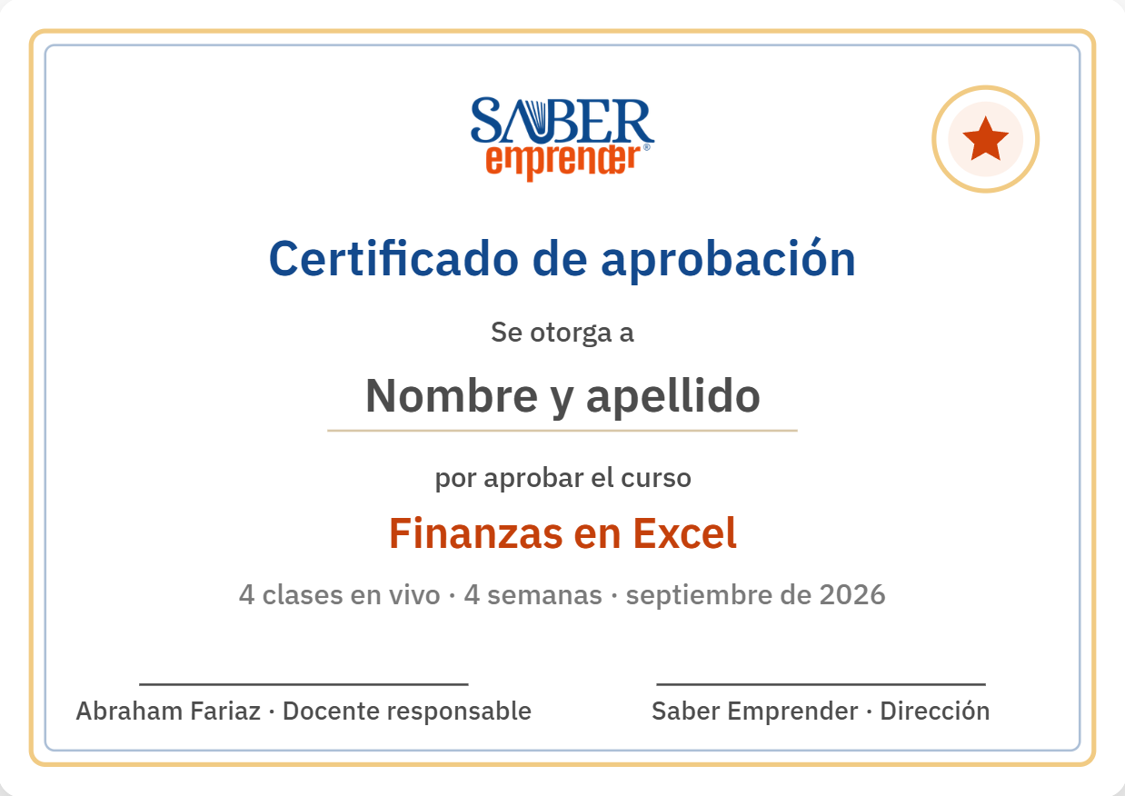 Muestra del certificado de aprobación de Saber Emprender